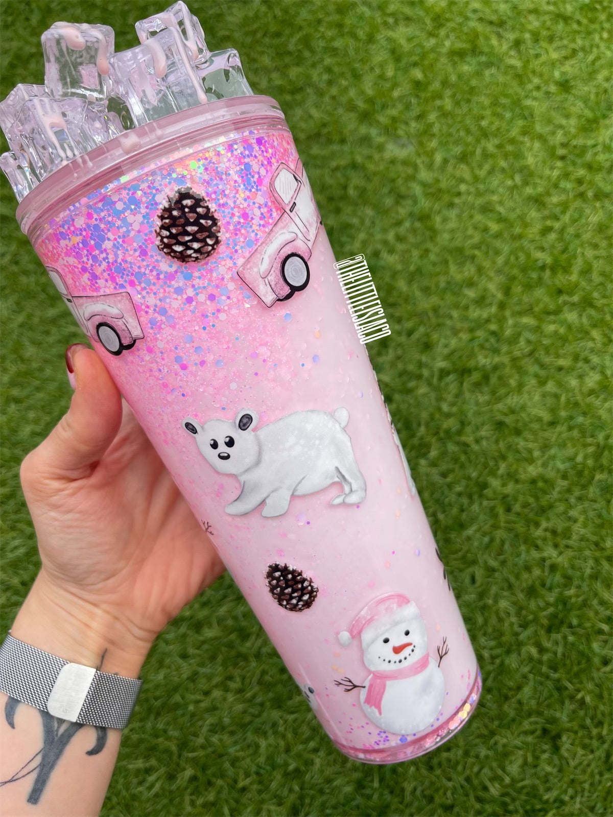 Pink Winter Snowglobe Tumbler with Ice Lid