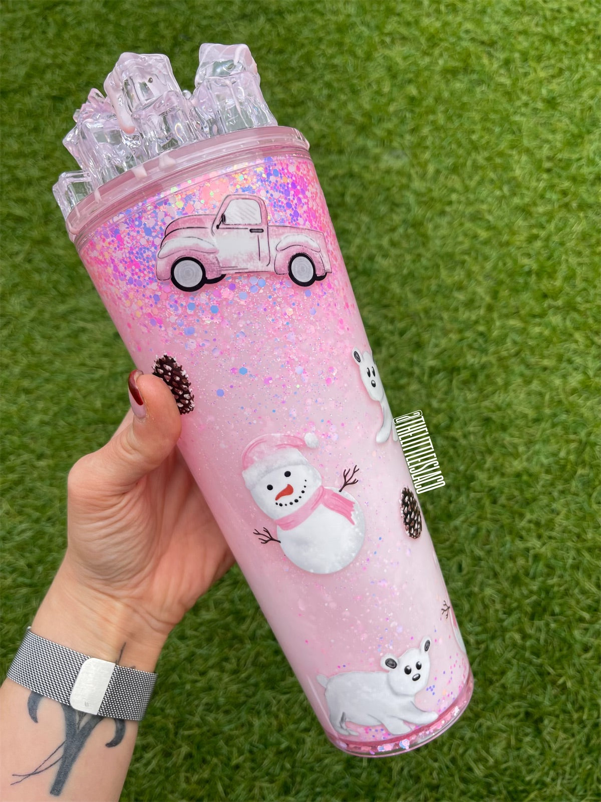 Pink Winter Snowglobe Tumbler with Ice Lid