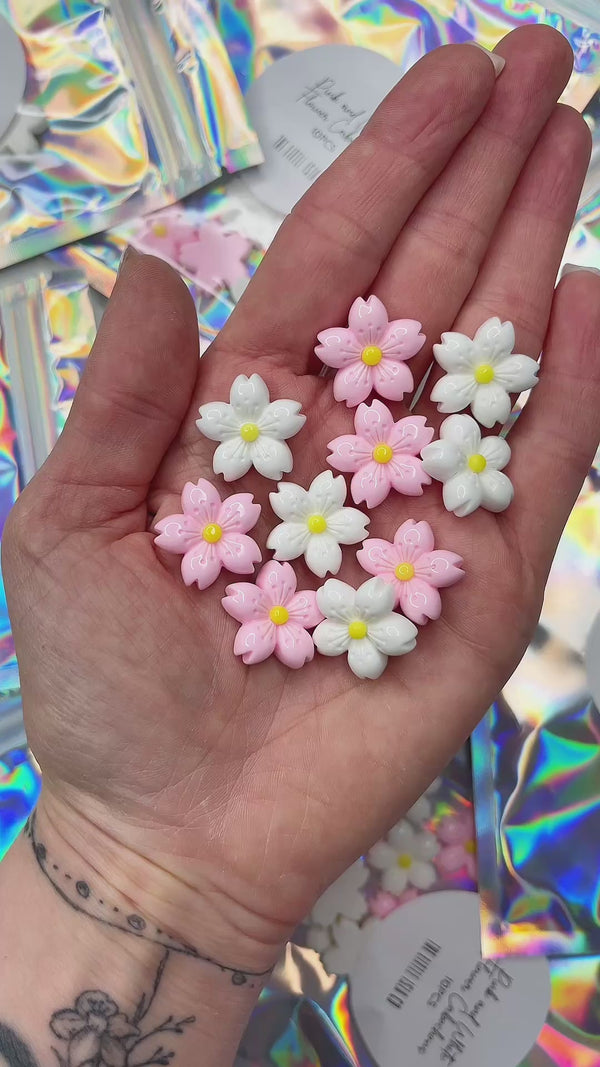 Cherry Blossom Flower Cabochons (Pink & White Mix) - Packs of 10