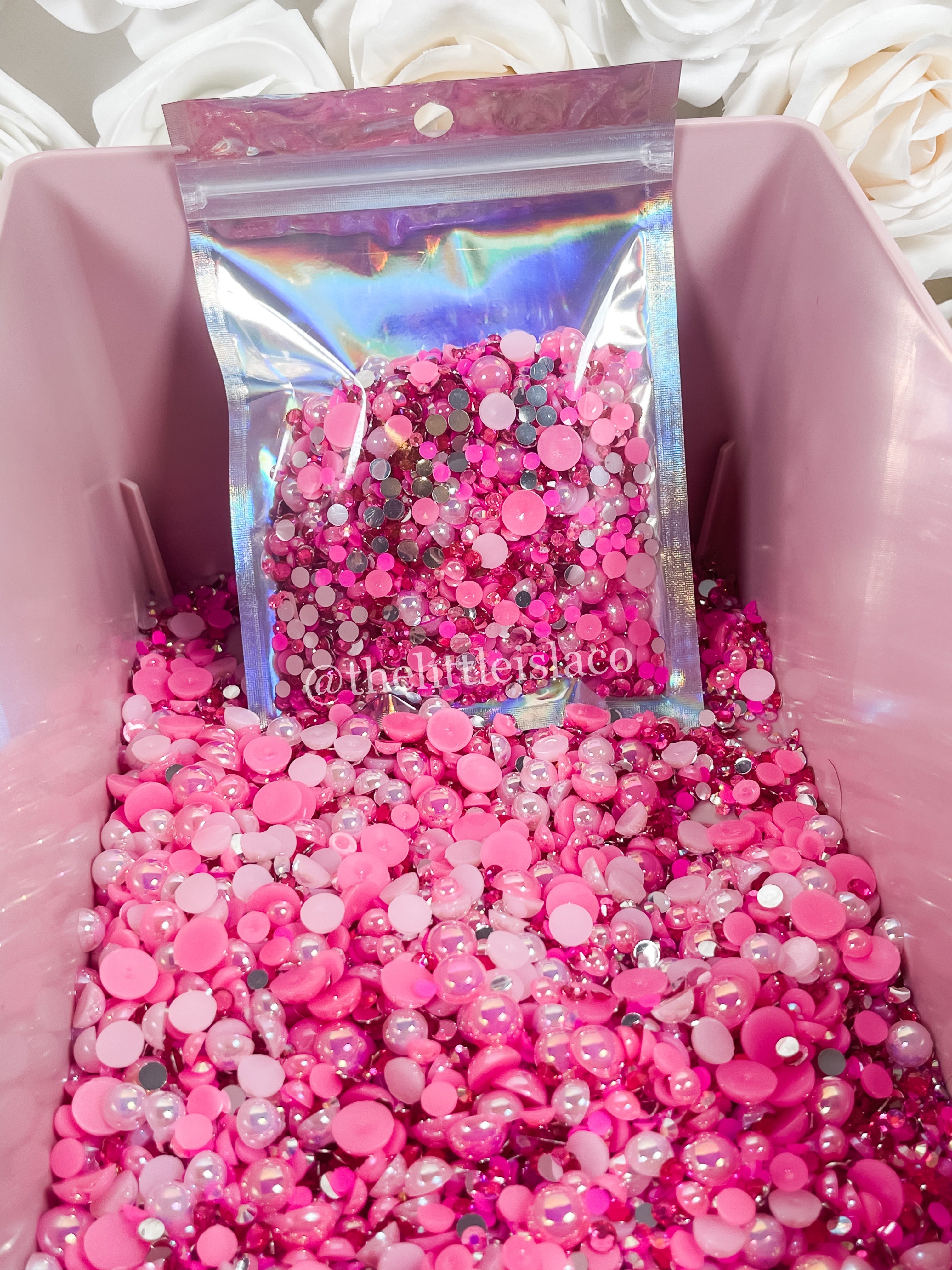 Hot Pink Mix, Rhinestone & Pearl Mix, Mixed Sizes, 50g