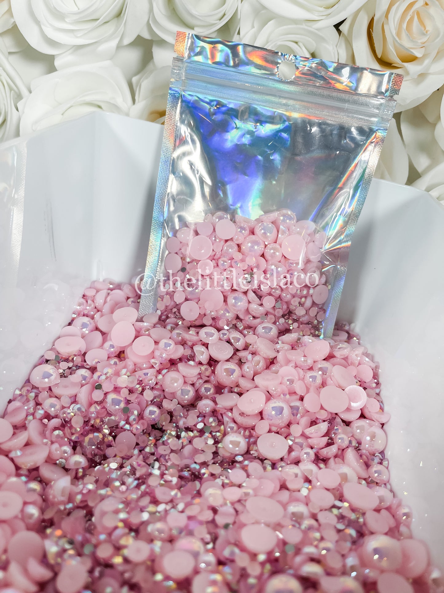 Pink Mix, Rhinestone & Pearl Mix, Mixed Sizes, 50g